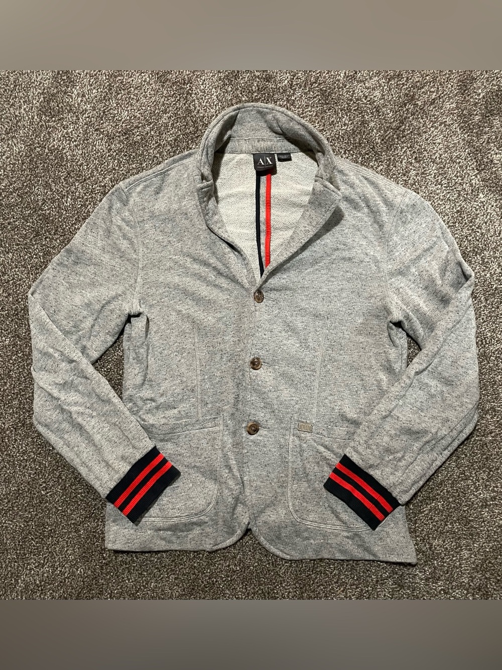 Armani Exchange Light Gray Knit Cardigan with Red & Dark Navy Trim